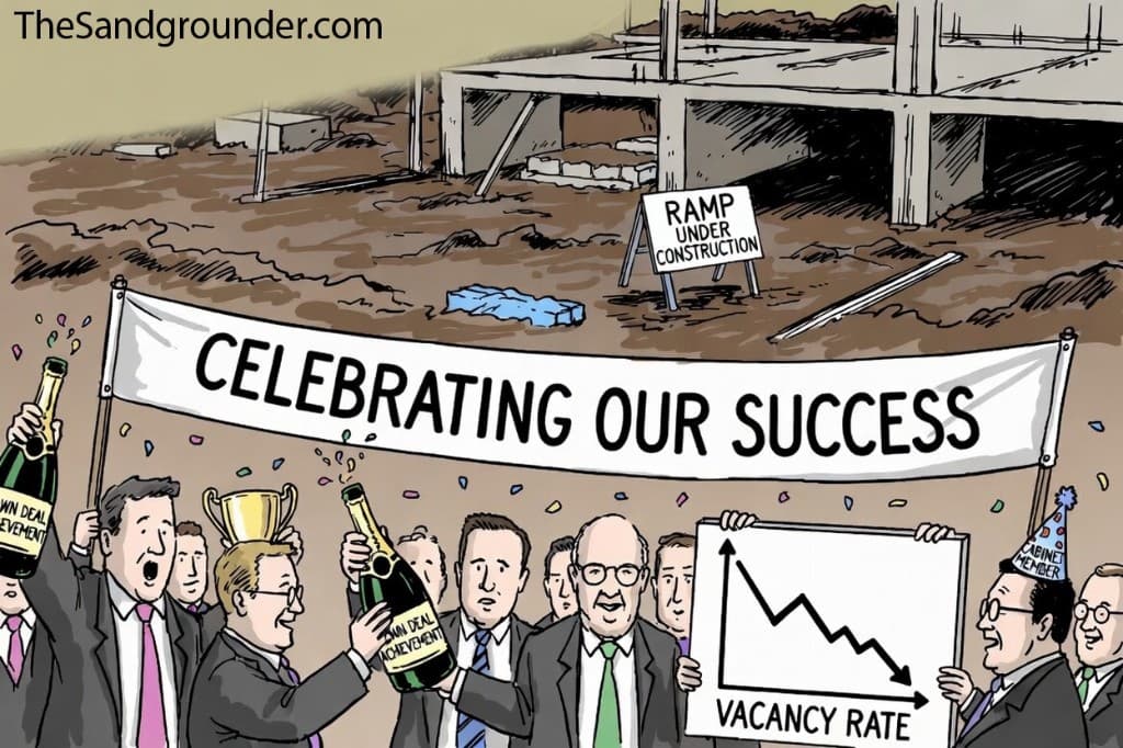 Council officials celebrating in front of the unfinished MLEC construction site, banner reading Celebrating Our Success, someone holding a falling vacancy rate graph