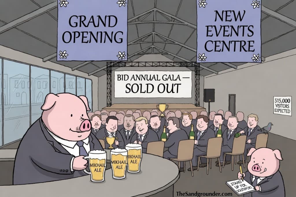 A pig bartender serves Mikhail Ale at the MLEC grand opening while identical grey-suited men fill the seats for the BID Annual Gala. A reporter pig scribbles in a Stand Up For Southport notepad. A 515,000 Visitors Expected sign hangs on the wall. One pigeon sits in the otherwise empty back rows.