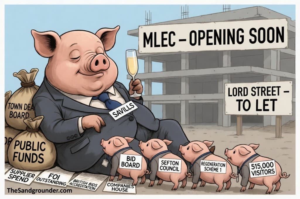 A large Savills-labelled pig reclines on public funds money bags while smaller piglets labelled BID Board, Sefton Council, Regeneration Scheme 1 and 515,000 Visitors feed from it. Documents on the ground read Supplier Spend, FOI Outstanding, British BIDs Accreditation, Companies House. Behind them: MLEC Opening Soon and Lord Street To Let signs.
