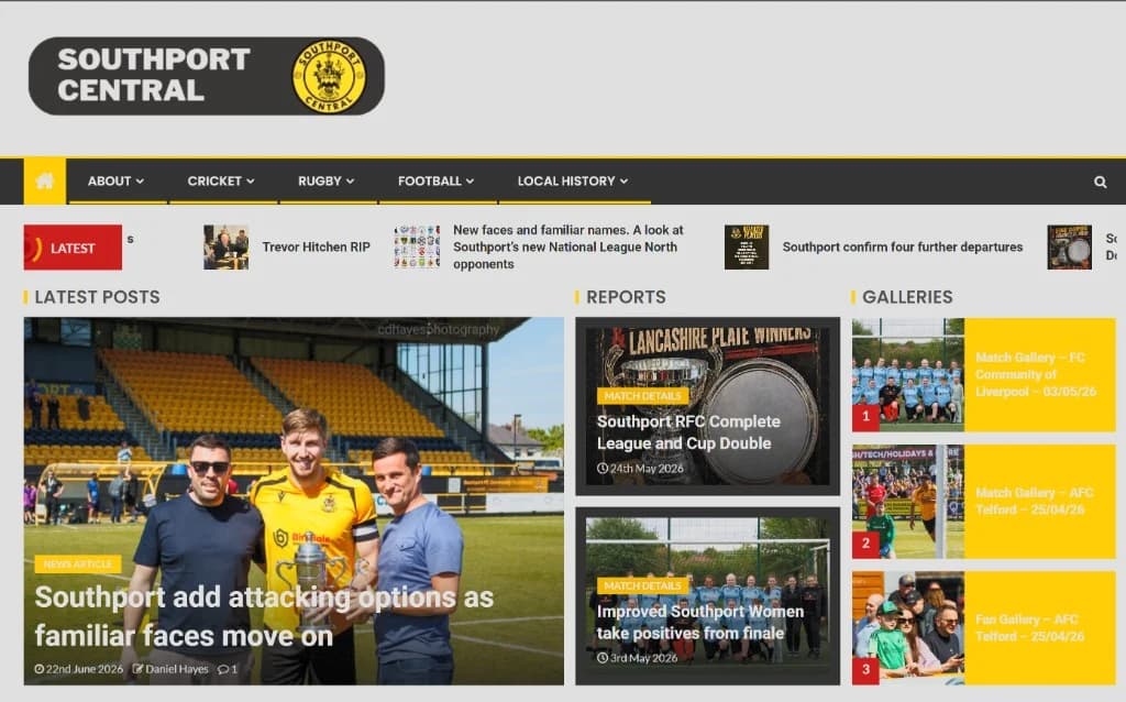 Southport Central website homepage showing sports and local news coverage