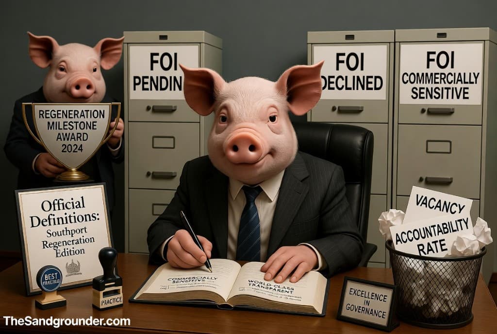 A pig bureaucrat in a pinstripe suit writes in a large dictionary titled Official Definitions: Southport Regeneration Edition while a second pig holds a Regeneration Milestone Award 2024 trophy. Three filing cabinets read FOI Pending, FOI Declined, FOI Commercially Sensitive. The bin contains crumpled Vacancy Rate and Accountability papers.
